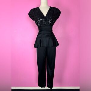 Vintage 1980s 80s Black Sequin Peplum Disco Jumpsuit
